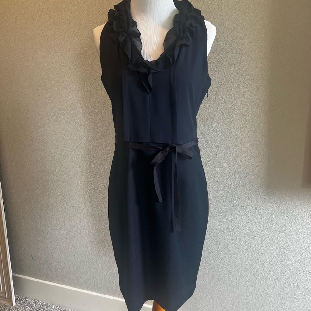 T Tahari Navy Ruffled Midi Dress